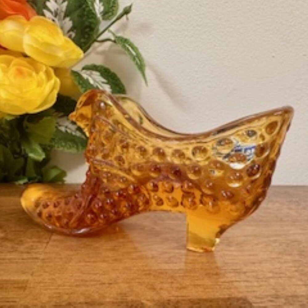 Fenton Amber Hobnail Glass Shoe Boot Vintage Slipper Collectible Glassware